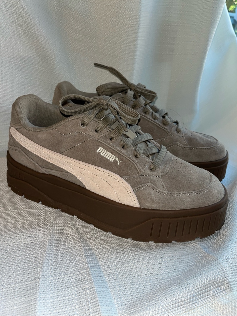 Puma Platform Suede Sneakers in Tan with Cream Stripe and Brown Sole